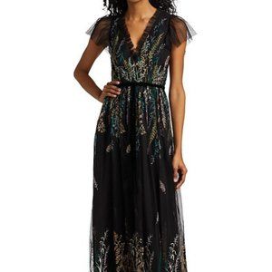 ML Monique Lhullier Beaded and Embroidered Short Sleeve Gown
